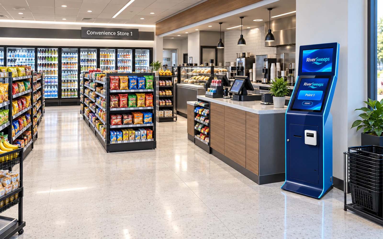 RiverSweeps kiosk in a grocery and convenience-store workflow