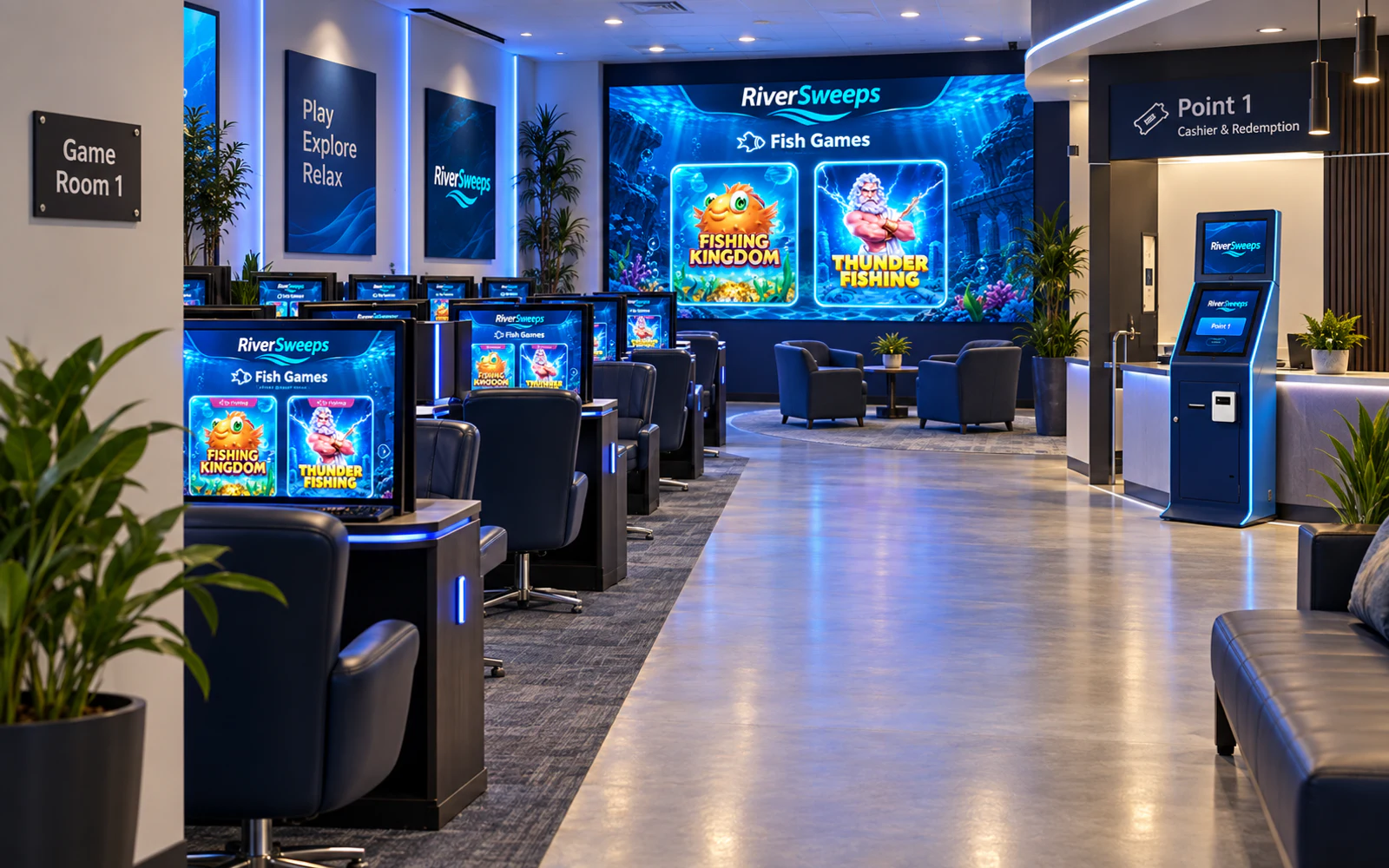 RiverSweeps game room with stations, fish games and supervised redemption