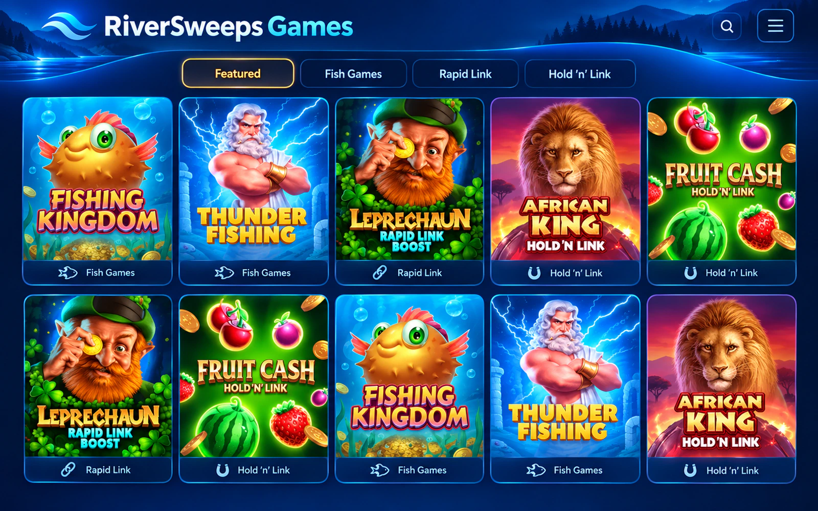 Current RiverSweeps game lobby with representative categories