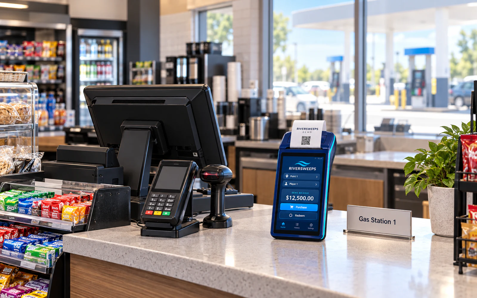 Compact RiverSweeps setup at a supervised gas station counter