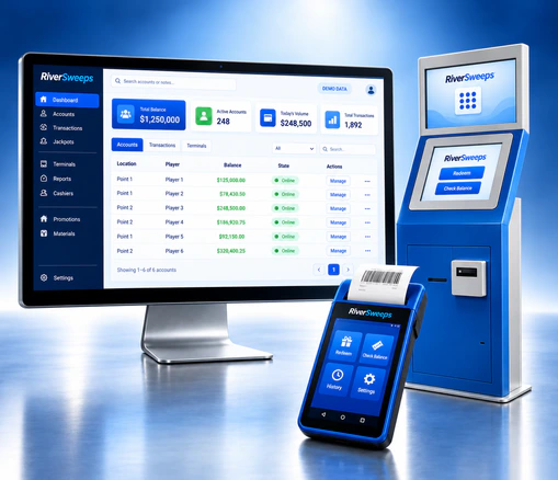 RiverSweeps dashboard with branded kiosk and mobile point-of-sale device