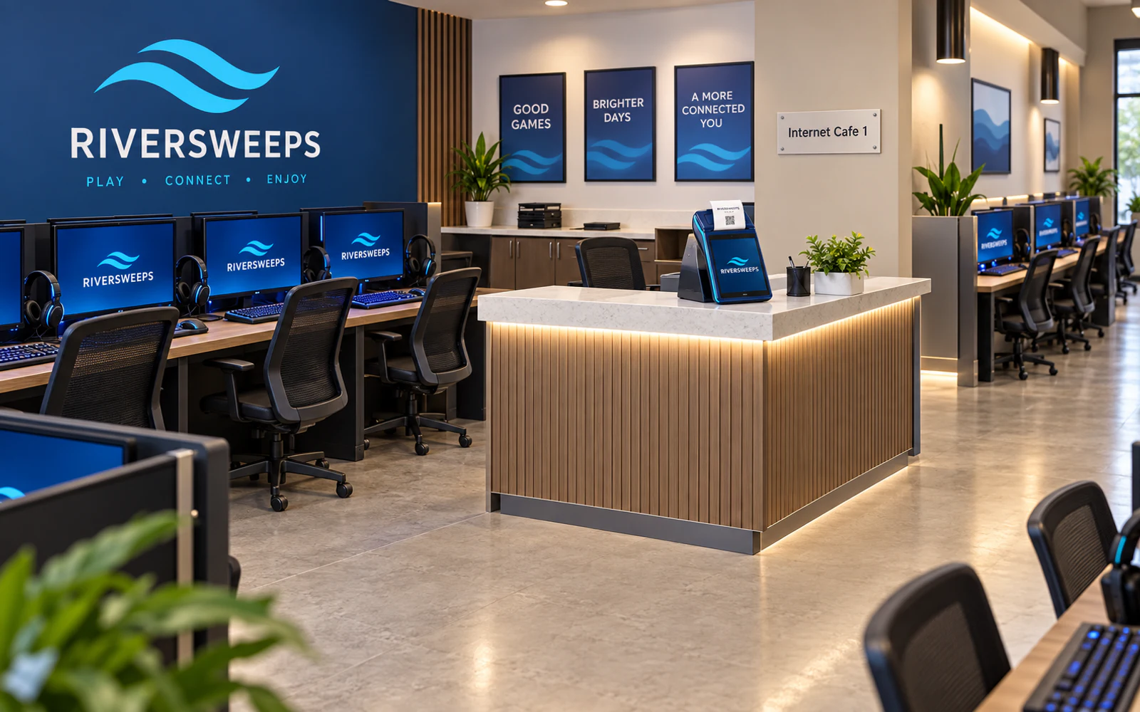 RiverSweeps internet cafe installation with managed stations and cashier workflow